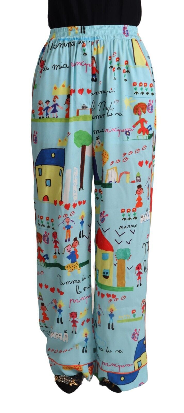Dolce &amp; Gabbana Light Blue Drawing Mid Waist Wide Leg Pants by Dolce &amp; Gabbana outlet now on sale
