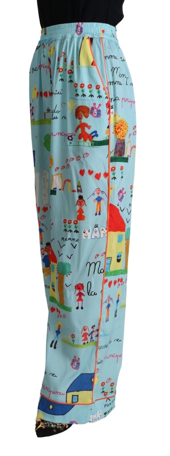 Dolce &amp; Gabbana Light Blue Drawing Mid Waist Wide Leg Pants by Dolce &amp; Gabbana outlet now on sale