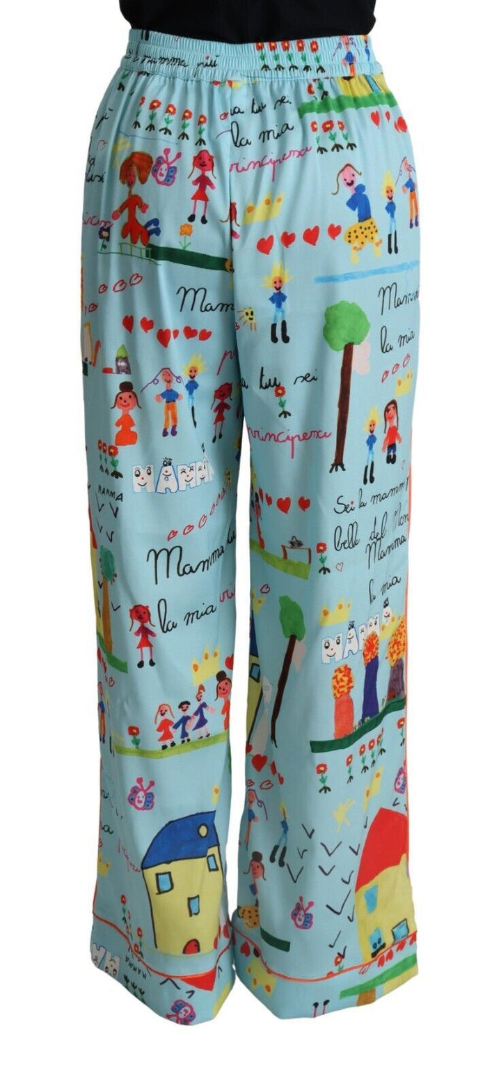 Dolce &amp; Gabbana Light Blue Drawing Mid Waist Wide Leg Pants by Dolce &amp; Gabbana outlet now on sale