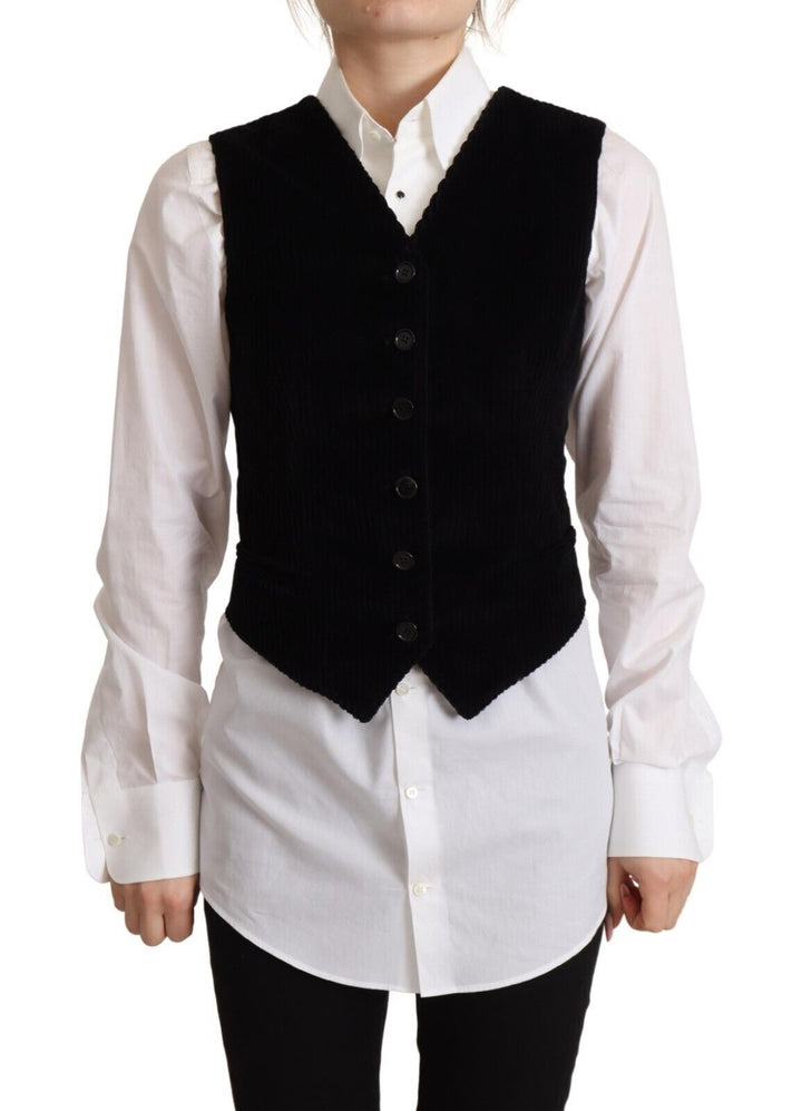 Dolce &amp; Gabbana Sample Sale Dolce &amp; Gabbana Black V-neck Leopard Corduroy Button Vest Top - | Designer outlet