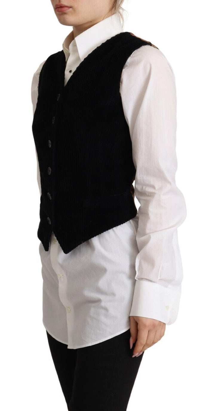 Dolce &amp; Gabbana Sample Sale Dolce &amp; Gabbana Black V-neck Leopard Corduroy Button Vest Top - | Designer outlet