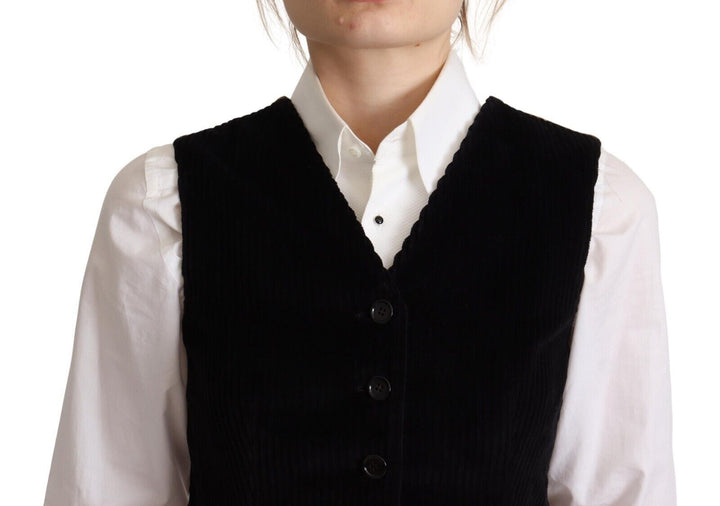 Dolce &amp; Gabbana Sample Sale Dolce &amp; Gabbana Black V-neck Leopard Corduroy Button Vest Top - | Designer outlet