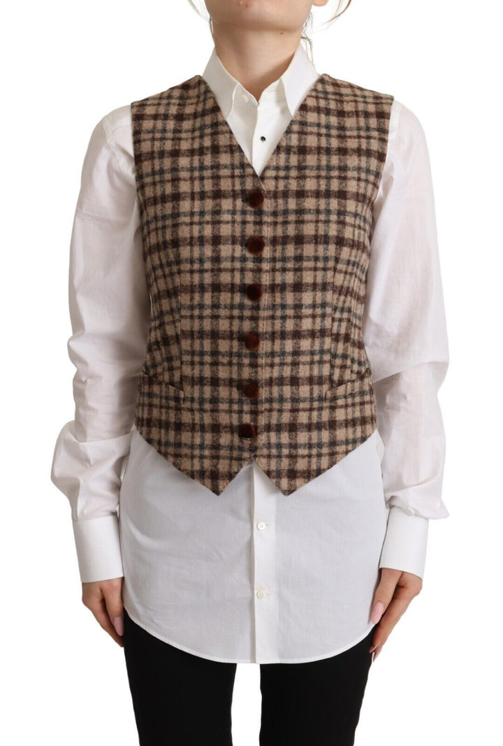 Dolce &amp; Gabbana Sample Sale Dolce &amp; Gabbana Brown Checkered Leopard V-neck Sleeveless Vest Top - | Designer outlet