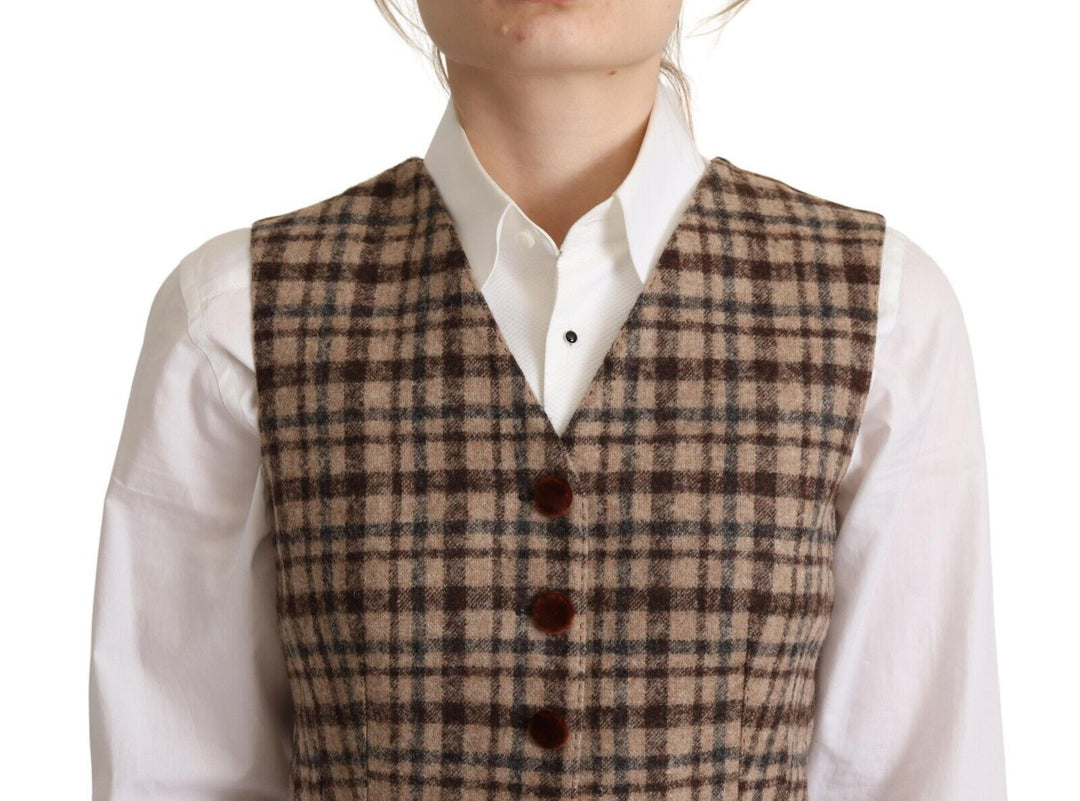 Dolce &amp; Gabbana Sample Sale Dolce &amp; Gabbana Brown Checkered Leopard V-neck Sleeveless Vest Top - | Designer outlet