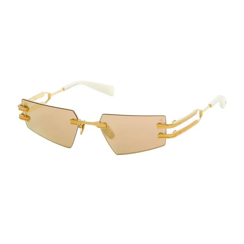 Balmain Sunglasses Rectangle Rimless, White Gold/matte White Gold/bone Frame And Brown Rose Gold Mirror Ar Lens Bps-123D