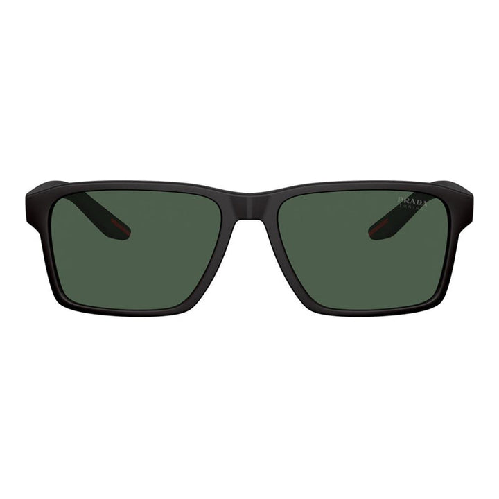 Prada Sport Sunglasses Rectangle Full Rim, Black Rubber Frame And Tuning Dark Green Lens