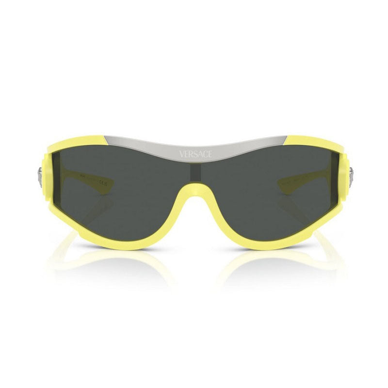 Versace Shield Full Rim, with a Yellow frame and Dark Grey lens.