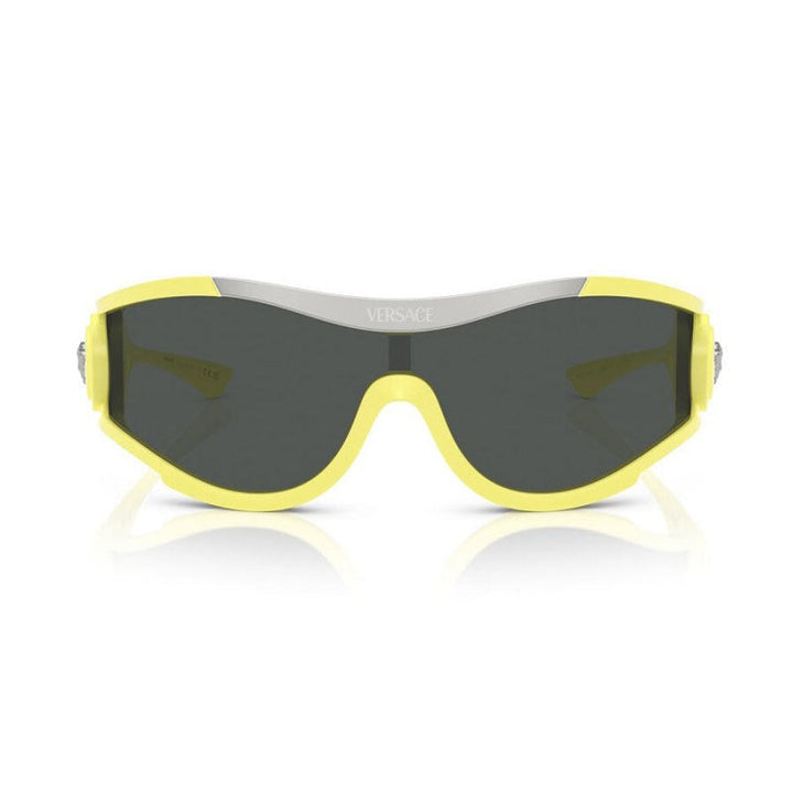 Versace Shield Full Rim, with a Yellow frame and Dark Grey lens.