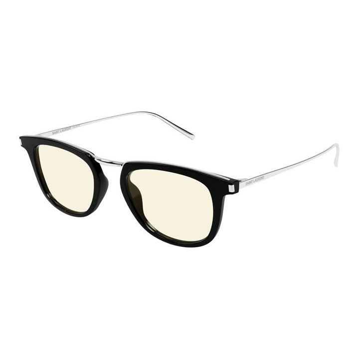 Saint Laurent Sunglasses Square Full Rim, Black/Silver Frame and Light Yellow Lens SL753003
