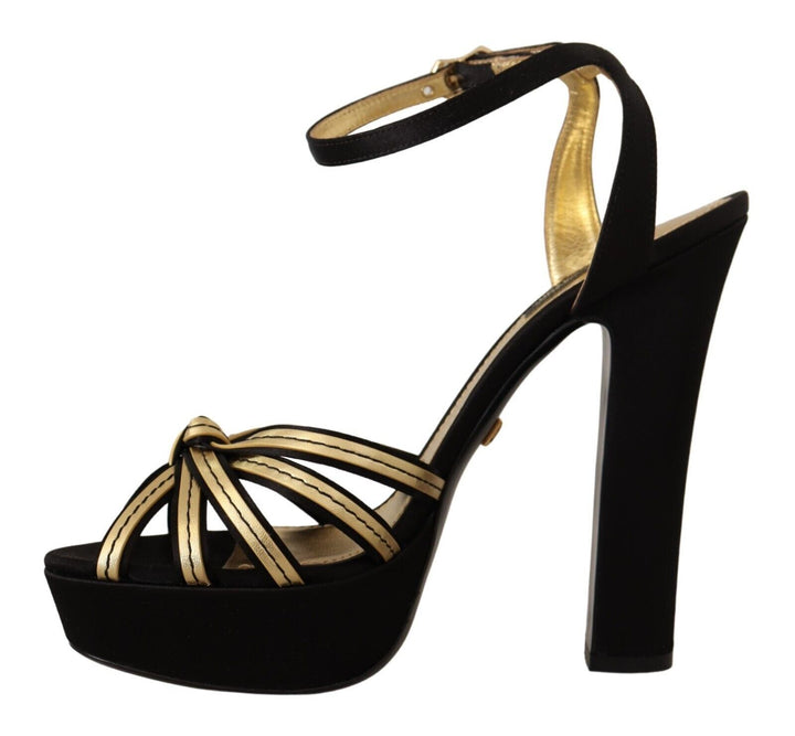 Dolce & Gabbana Elegant Black Gold Ankle Strap Heels Sandals