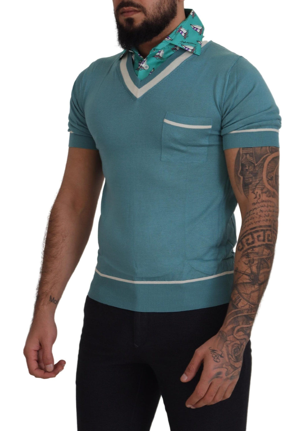 Dolce &amp; Gabbana Sample Sale Dolce &amp; Gabbana Blue Silk Polo Top Mens V-neck T-shirt - | Designer outlet
