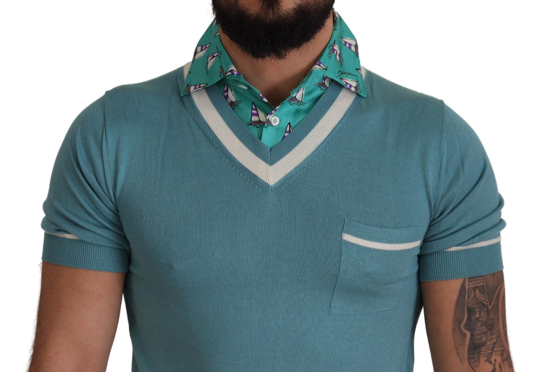Dolce &amp; Gabbana Sample Sale Dolce &amp; Gabbana Blue Silk Polo Top Mens V-neck T-shirt - | Designer outlet