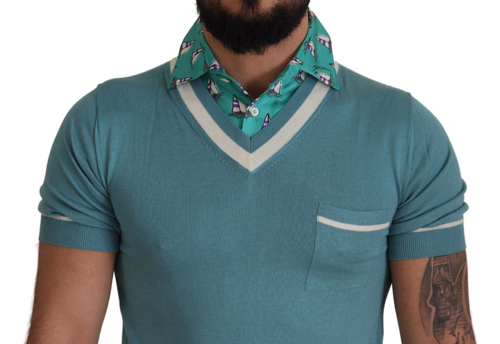 Dolce &amp; Gabbana Sample Sale Dolce &amp; Gabbana Blue Silk Polo Top Mens V-neck T-shirt - | Designer outlet