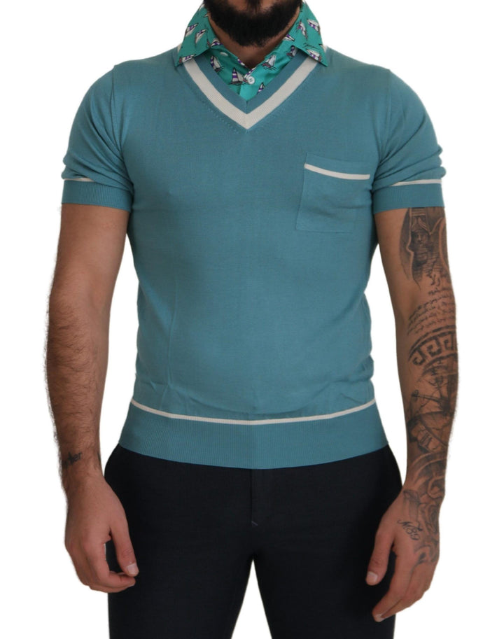 Dolce &amp; Gabbana Sample Sale Dolce &amp; Gabbana Blue Silk Polo Top Mens V-neck T-shirt - | Designer outlet