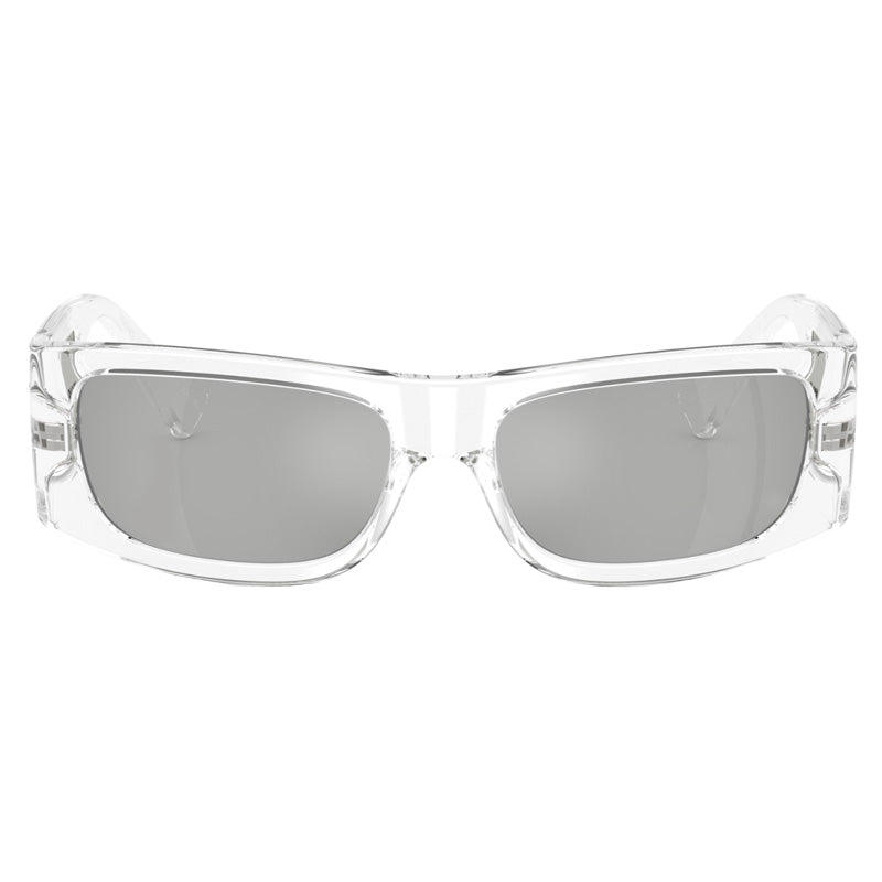 Versace Rectangle Full Rim, with a Transparent frame and Clear Mirror Silver lens.