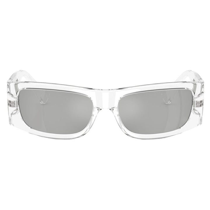 Versace Rectangle Full Rim, with a Transparent frame and Clear Mirror Silver lens.