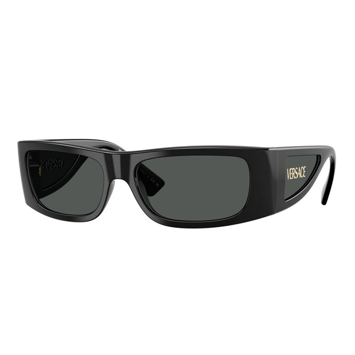 Versace Rectangle Full Rim, with a Black frame and Dark Grey lens.