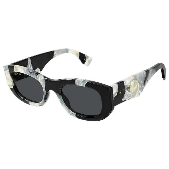 Gucci Geometric Full Rim, with a Black and White Mop Havana frame and Grey lens.
