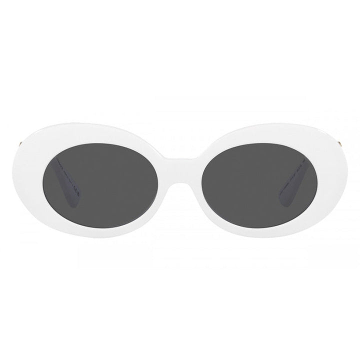 Versace Oval Full Rim, with a White frame and Dark Grey lens.