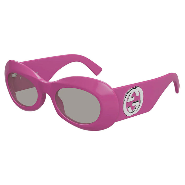 Gucci Oval Full Rim, with a Shiny Fuchsia frame and Light Grey lens.