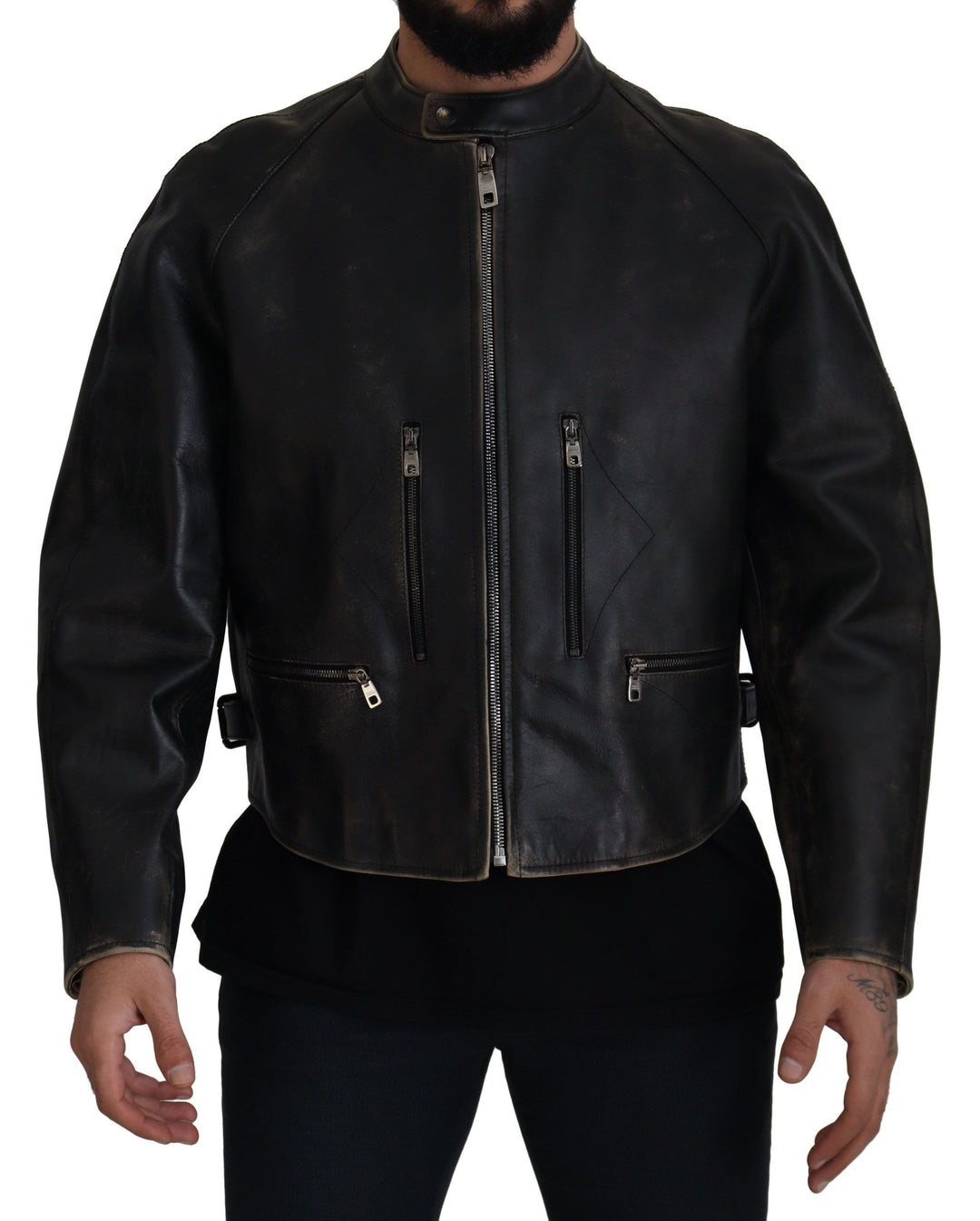 Dolce & Gabbana - Dolce & Gabbana Elegant Black Leather Jacket with Silver Details - JKT3331 - 54 - Ask Me Wear