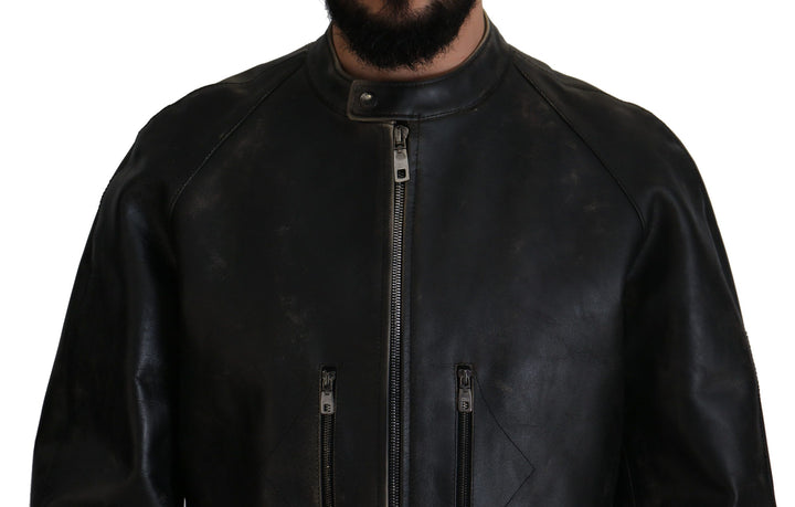 Dolce & Gabbana - Dolce & Gabbana Elegant Black Leather Jacket with Silver Details - JKT3331 - 54 - Ask Me Wear