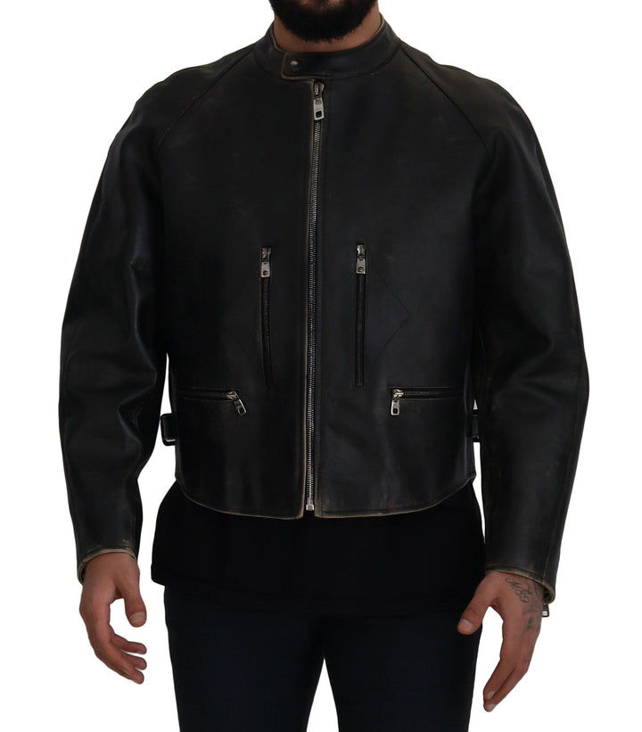 Dolce & Gabbana - Dolce & Gabbana Elegant Black Leather Jacket with Silver Details - JKT3331 - 54 - Ask Me Wear