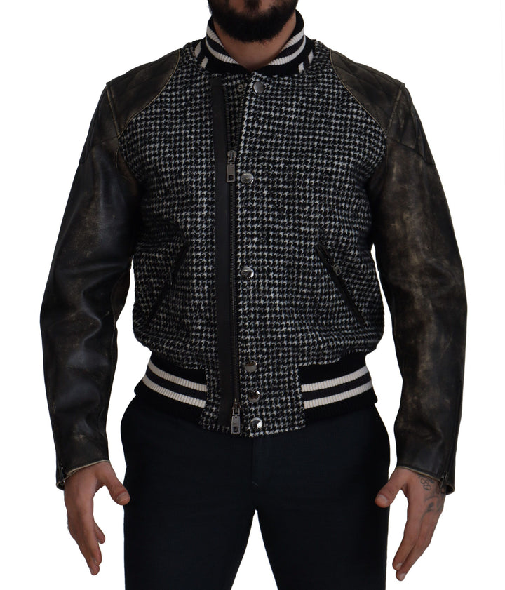 Dolce & Gabbana - Dolce & Gabbana Multicolor Houndstooth Leather Bomber Jacket - JKT3333 - 52 - Ask Me Wear