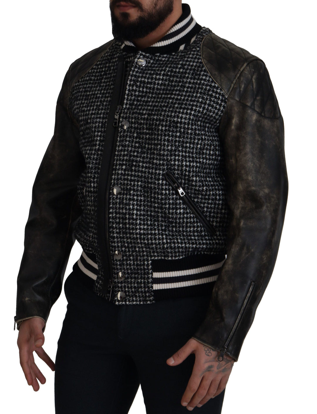 Dolce & Gabbana - Dolce & Gabbana Multicolor Houndstooth Leather Bomber Jacket - JKT3333 - 52 - Ask Me Wear