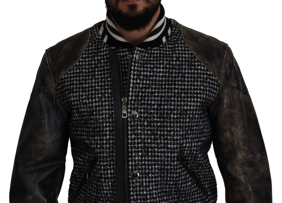 Dolce & Gabbana Multicolor Houndstooth Leather Bomber Jacket