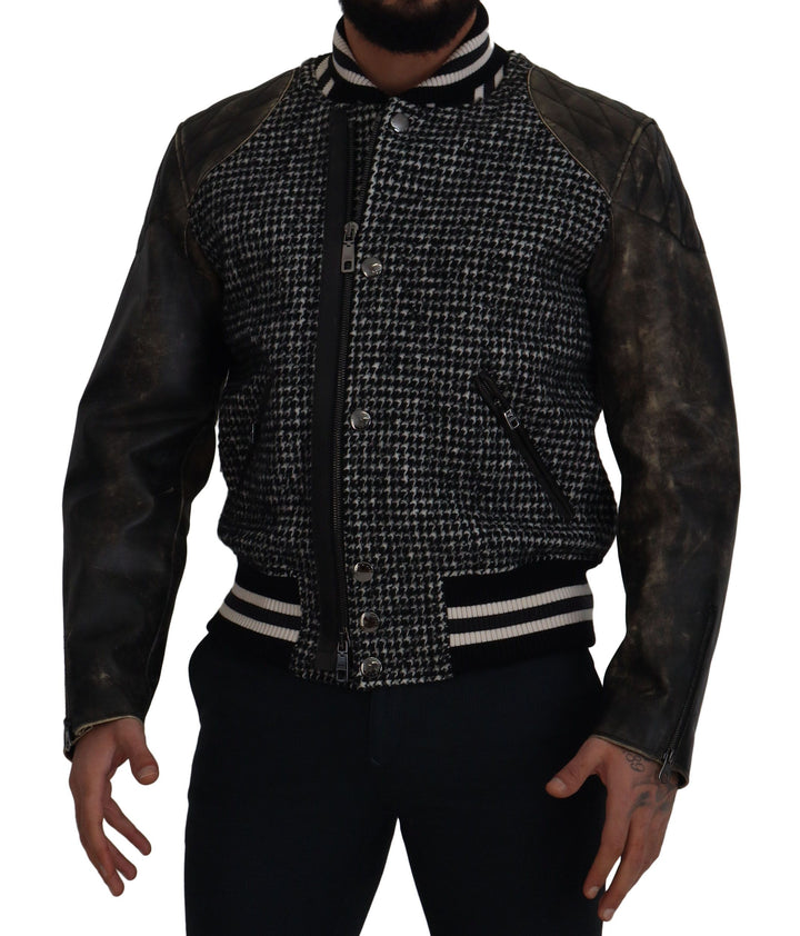 Dolce & Gabbana - Dolce & Gabbana Multicolor Houndstooth Leather Bomber Jacket - JKT3333 - 52 - Ask Me Wear