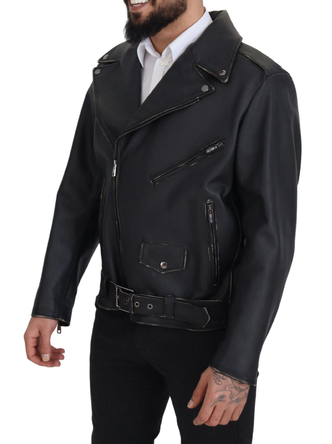 Dolce & Gabbana - Dolce & Gabbana Elegant Black Leather Biker Jacket - JKT3334 - 46 - Ask Me Wear