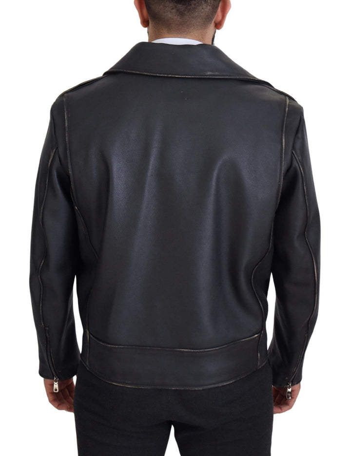 Dolce & Gabbana - Dolce & Gabbana Elegant Black Leather Biker Jacket - JKT3334 - 46 - Ask Me Wear