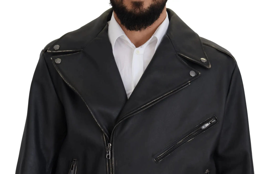 Dolce &amp; Gabbana Sample Sale | Dolce &amp; Gabbana Black Leather Biker Coat Zipper Jacket - | Designer outlet