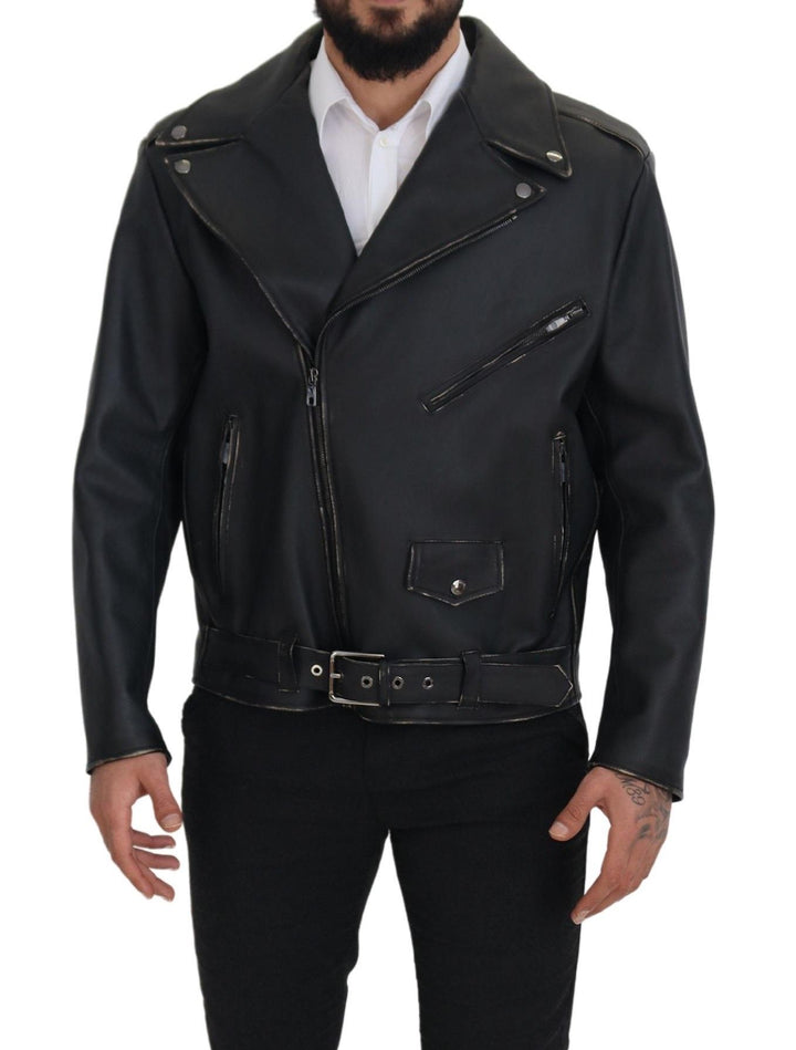 Dolce & Gabbana - Dolce & Gabbana Elegant Black Leather Biker Jacket - JKT3334 - 46 - Ask Me Wear