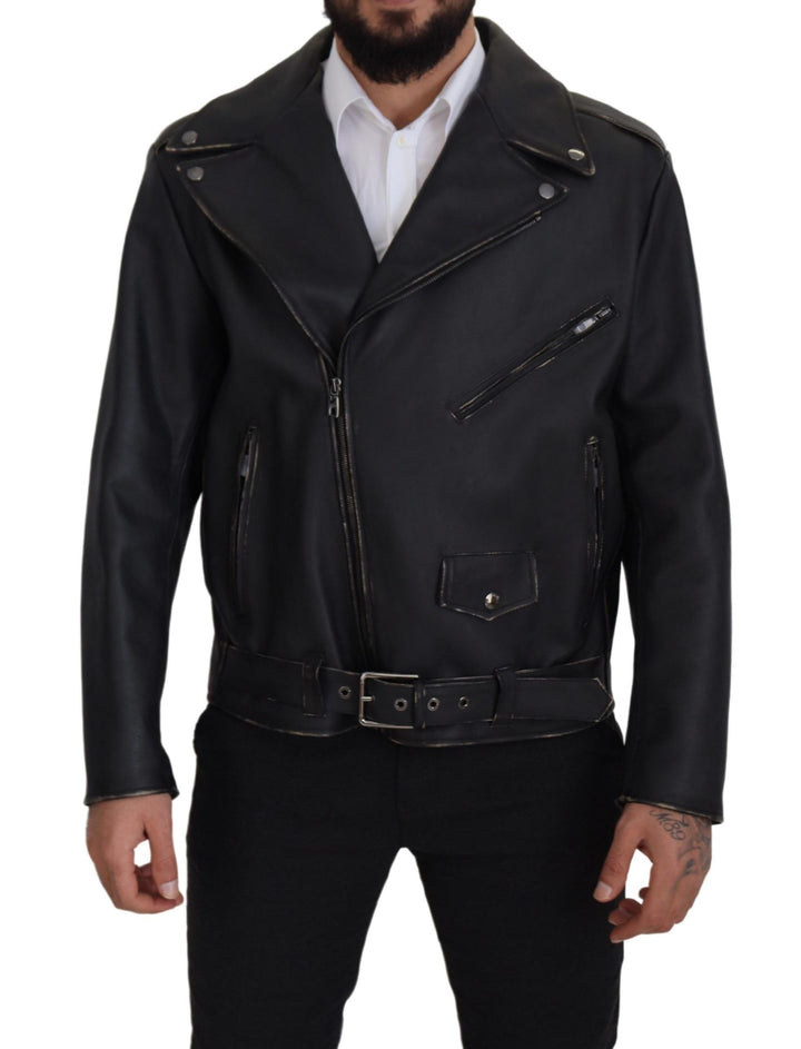 Dolce & Gabbana - Dolce & Gabbana Elegant Black Leather Biker Jacket - JKT3334 - 46 - Ask Me Wear