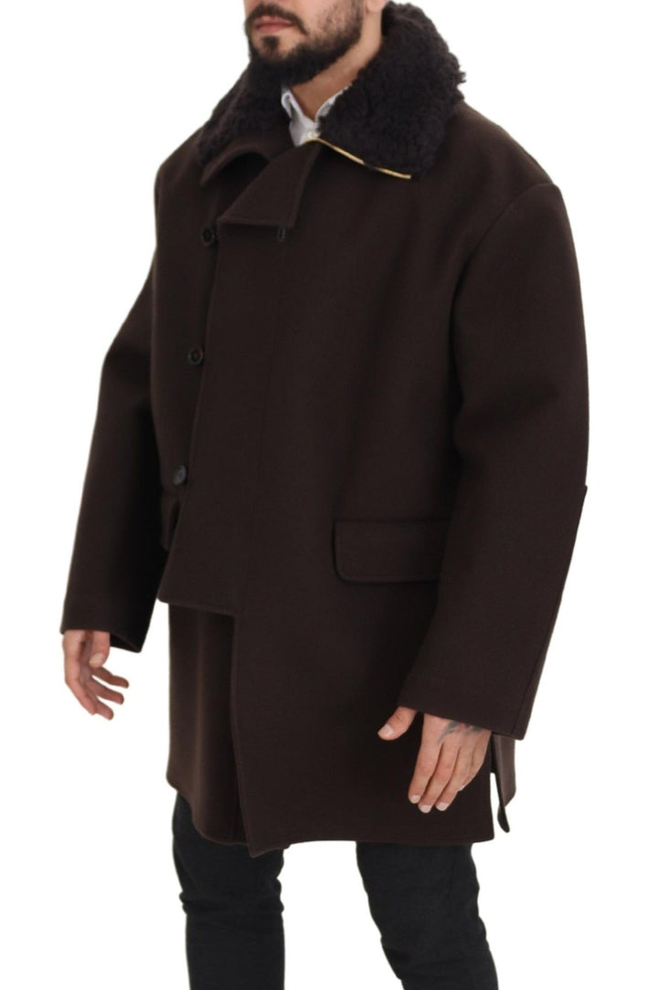 Dolce & Gabbana - Dolce & Gabbana Elegant Dark Brown Shearling Coat Jacket - JKT3347 - 54 - Ask Me Wear