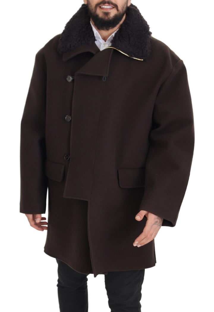 Dolce & Gabbana - Dolce & Gabbana Elegant Dark Brown Shearling Coat Jacket - JKT3347 - 54 - Ask Me Wear