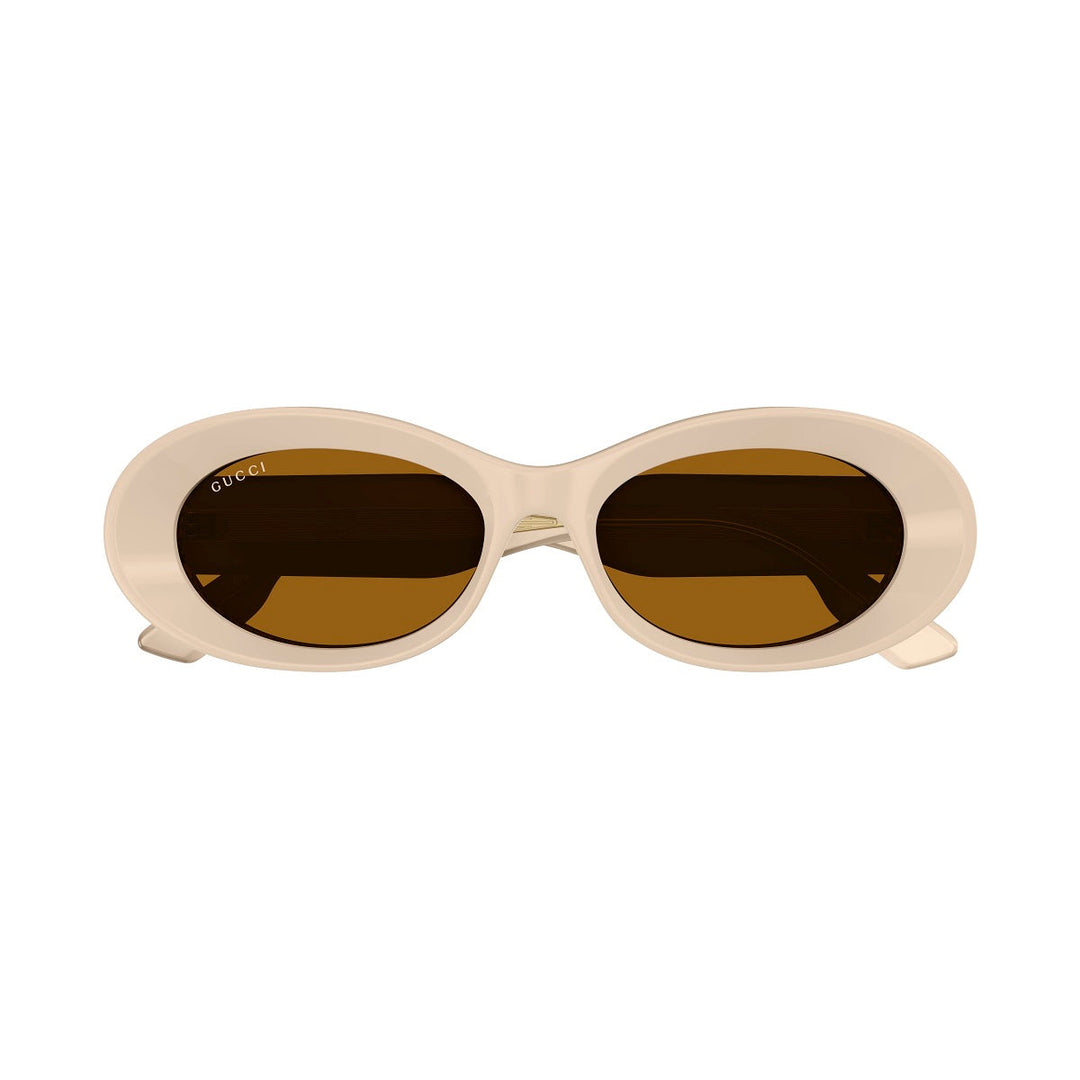 Gucci Oval Full Rim, with a Beige frame and Rust Brown lens.