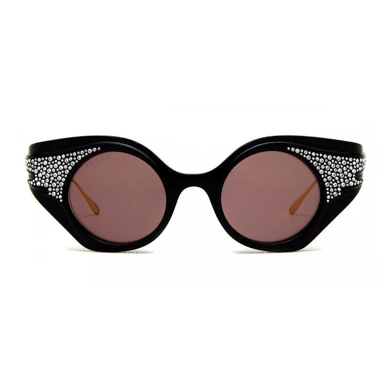 Gucci Sunglasses Geometric Full Rim, Shiny Black with Crystal Strass/Gold Frame and Brown Lens GG1327S001