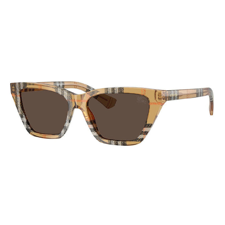 Burberry Sunglasses Cat Eye Full Rim, Check Sand Frame And Dark Brown Lens