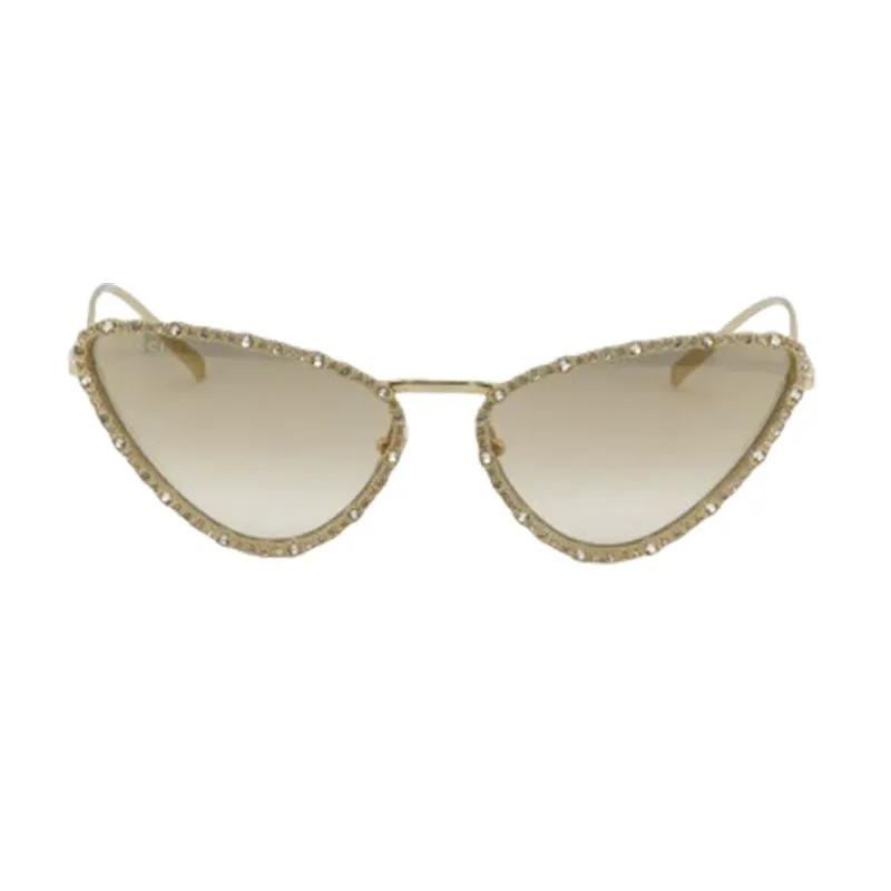 Gucci Sunglasses Cat Eye Full Rim, Gold With White Stone Frame And Light Grey Gradient Mirror Lens
