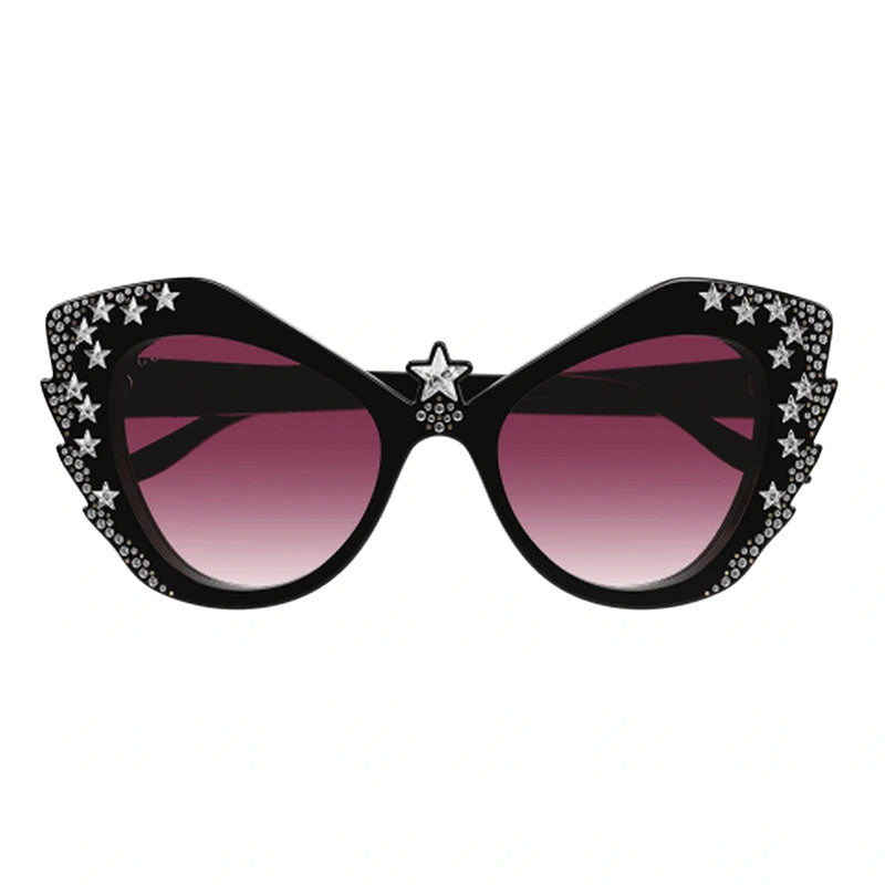 Gucci Cat Eye Full Rim, with a Black with White Stones frame and Red Gradient lens.