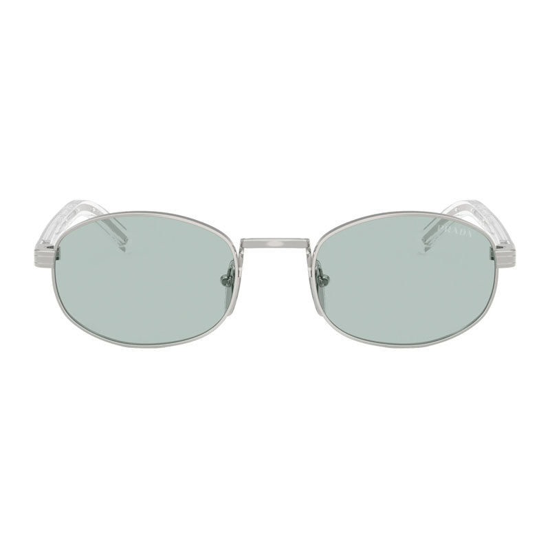 Prada Sunglasses Oval Full Rim, Silver Frame and Azure Lens PRB53S1BC40N