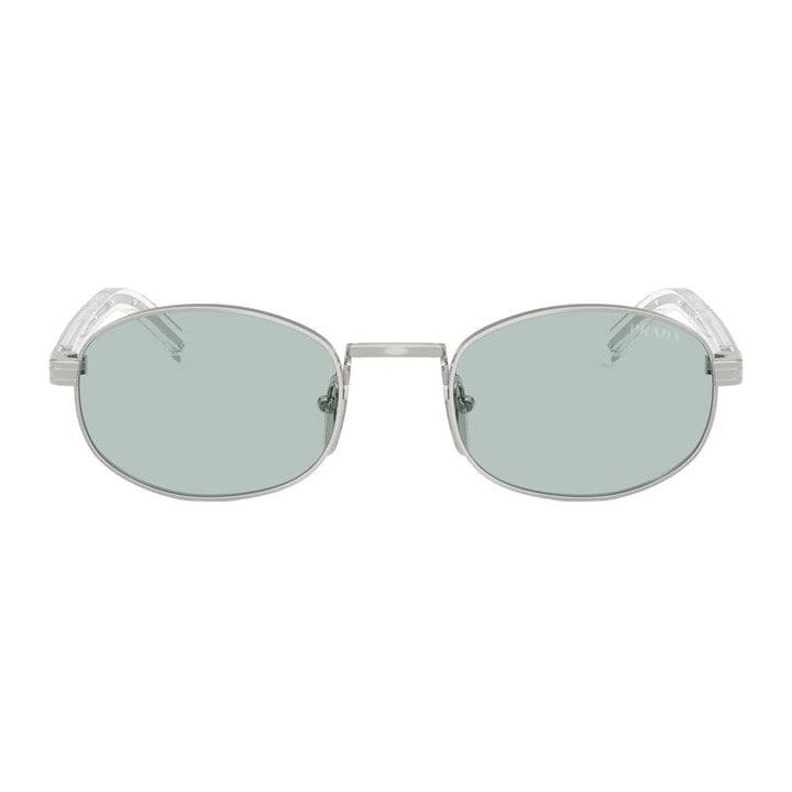 Prada Sunglasses Oval Full Rim, Silver Frame and Azure Lens PRB53S1BC40N