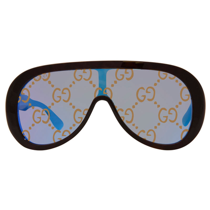 Gucci Shield Full Rim, with a Havana frame and Blue Mirror with Pattern lens.