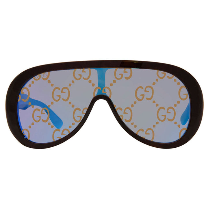 Gucci Shield Full Rim, with a Havana frame and Blue Mirror with Pattern lens.
