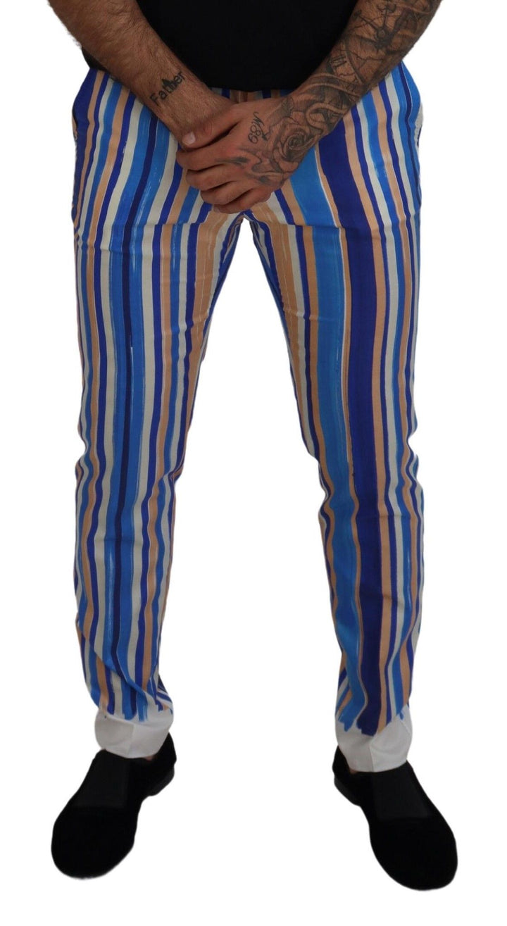 Dolce &amp; Gabbana Sample Sale Dolce &amp; Gabbana Blue Striped Silk Cotton Slim Trousers Pants - | Designer outlet