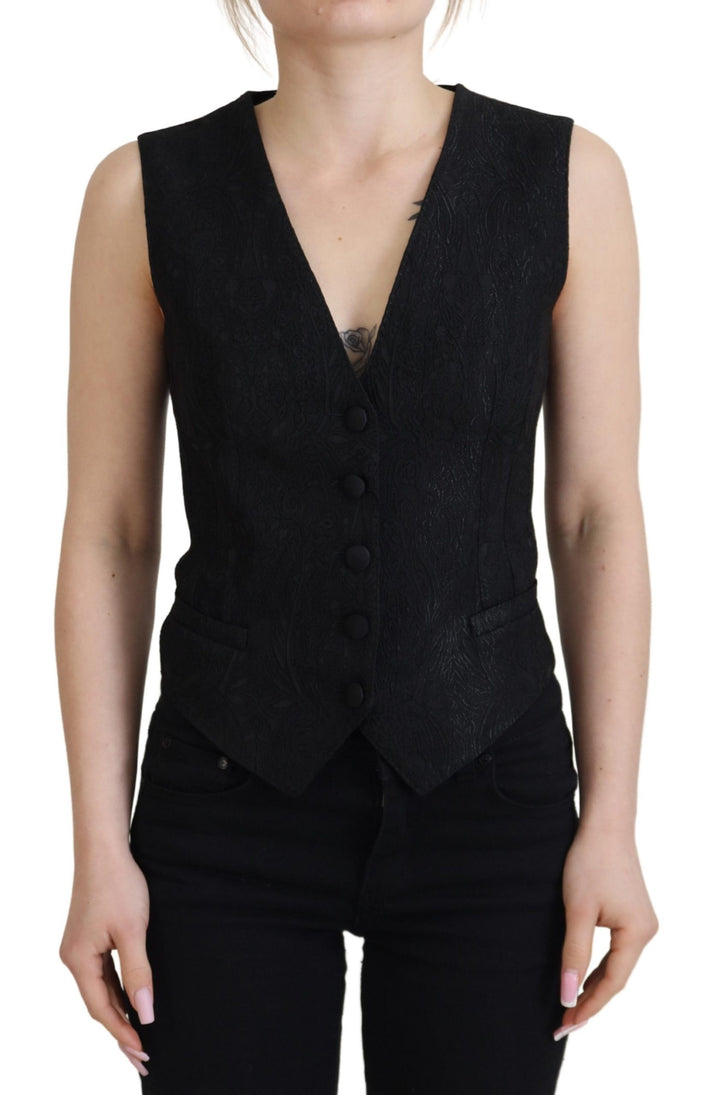 Dolce &amp; Gabbana Sample Sale Dolce &amp; Gabbana Black Brocade Button Down Sleeveless Vest Top - | Designer outlet