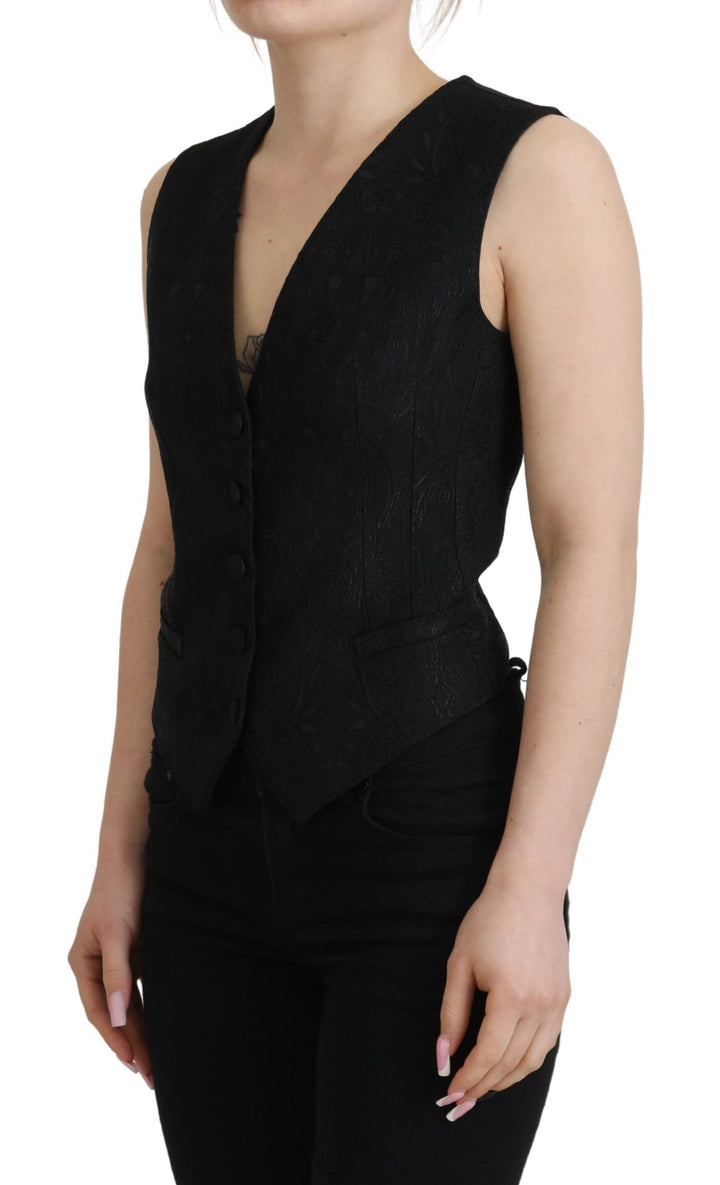 Dolce &amp; Gabbana Sample Sale Dolce &amp; Gabbana Black Brocade Button Down Sleeveless Vest Top - | Designer outlet